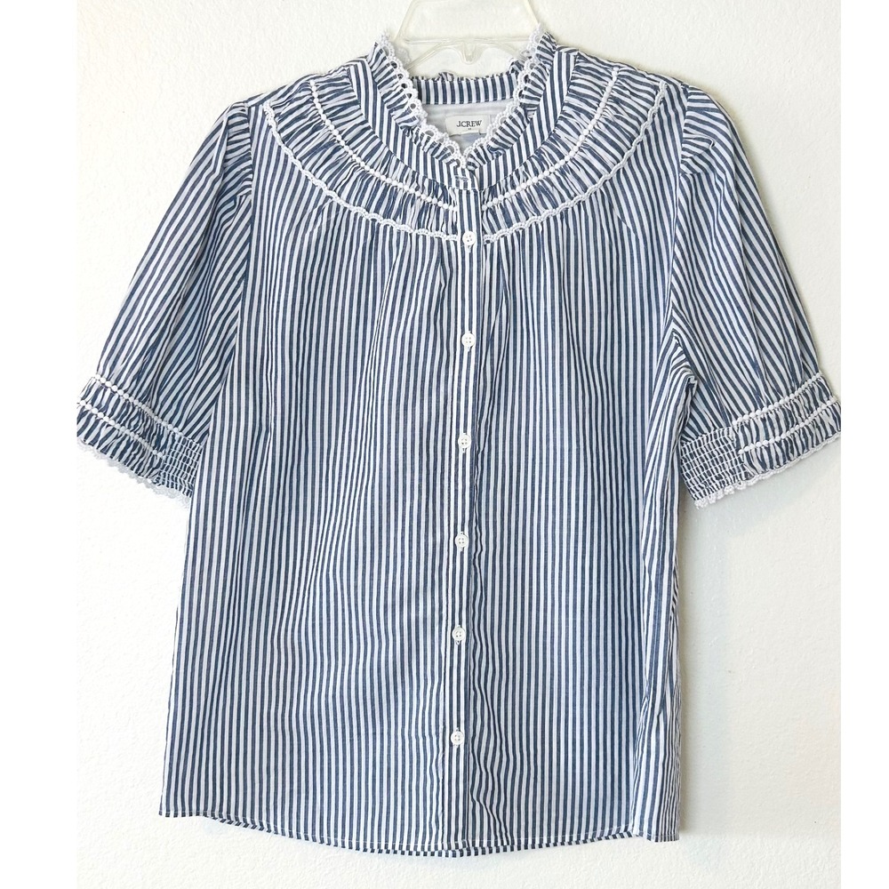 J.Crew Preppy Blue White Striped Ruffle Neck Lace Trim Cotton Blouse Top SZ SM